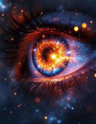 The primary subject of the image is a close-up of a person's eye, with a blue iris and a yellow center. The setting is a dark background, which contrasts with the bright colors of the eye. The visual style is a digital art or illustration, creating a surreal and artistic atmosphere. The dominant colors are blue and yellow, with the blue iris and the yellow center of the eye being the focal points of the image.